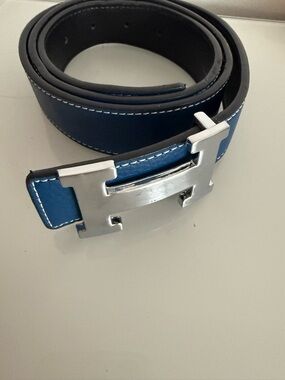 Hermes Blue Leather Belt with Silver H Buckle